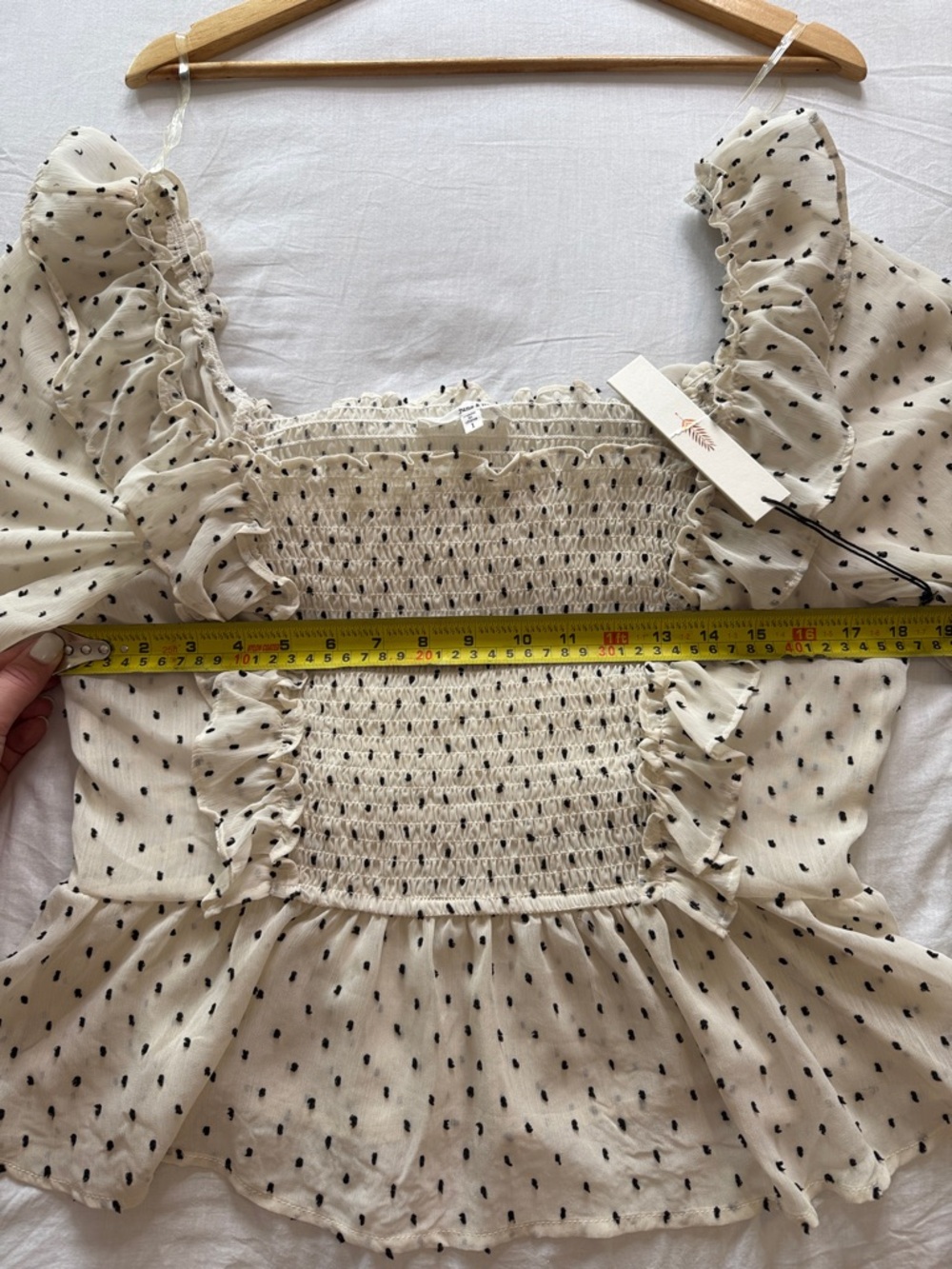 june & hudson White Smocked Peplum Blouse with Black Dot Print Plus size 1X - Picture 7 of 13